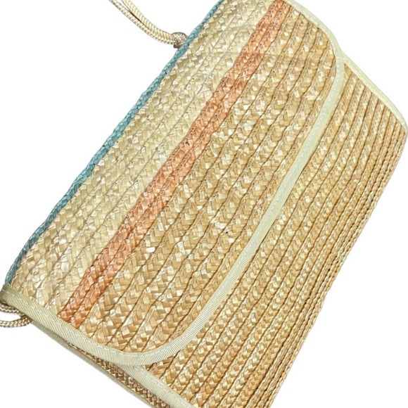 Vintage NWT Tan Stripe Straw Shoulder Purse Beach Handbag * - Picture 3 of 5